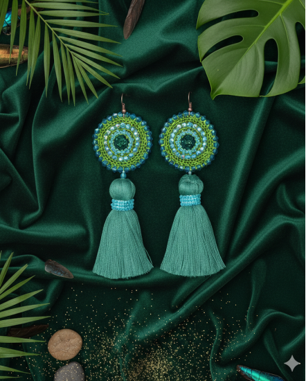 Háčkované  dizajnové náušnice "Tropický dažďový prales" UNIKÁTNE